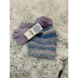 Madden Girl Faux Fur Pom Beanie & Gloves Set Lilac Blue Knit Youth 7–16 NWT